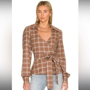 NWT Marissa Webb Mia Lightweight Flannel Wrap  Top Large Revolve Mesa Tan Plaid
